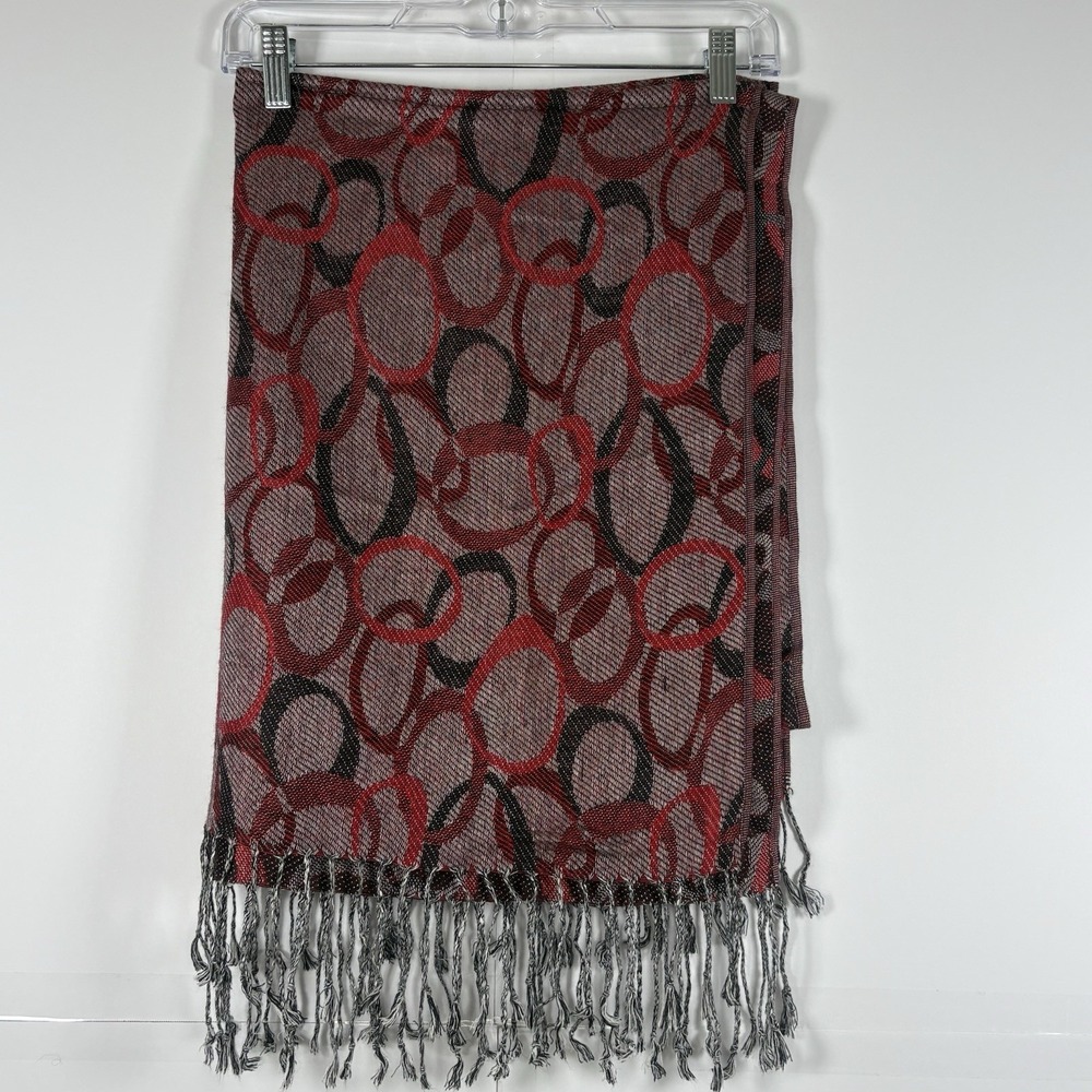 Pashmina Red & Black Geometric Print Silk Pashmina Blend Scarf Fringe Wrap 22x70